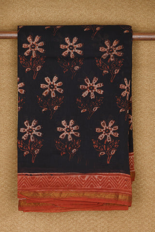 Small Zari Border With Floral Printed Black Chanderi Silk Cotton Saree
