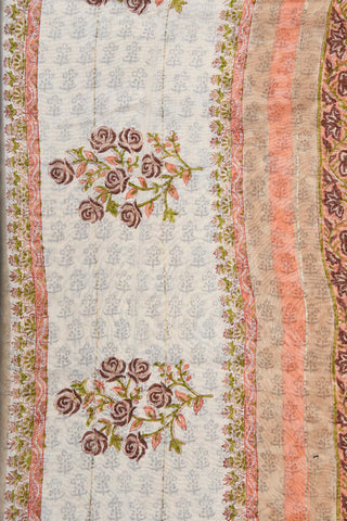 Small Zari Border With Floral Printed Cream Color Chanderi Silk Cotton Saree