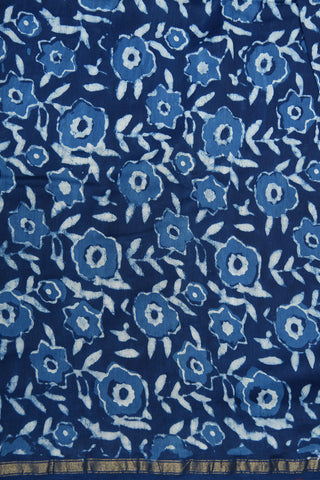 Small Zari Border With Floral Printed Indigo Blue Chanderi Silk Cotton Saree