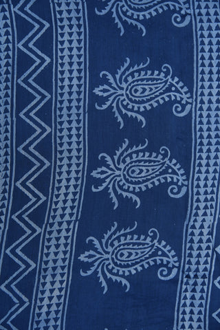 Small Zari Border With Floral Printed Navy Blue Maheswari Silk Cotton Saree