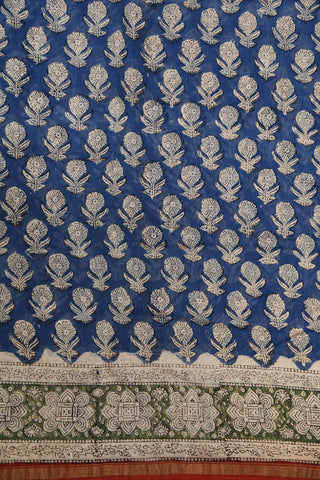 Small Zari Border With Floral Printed Navy Blue Maheswari Silk Cotton Saree