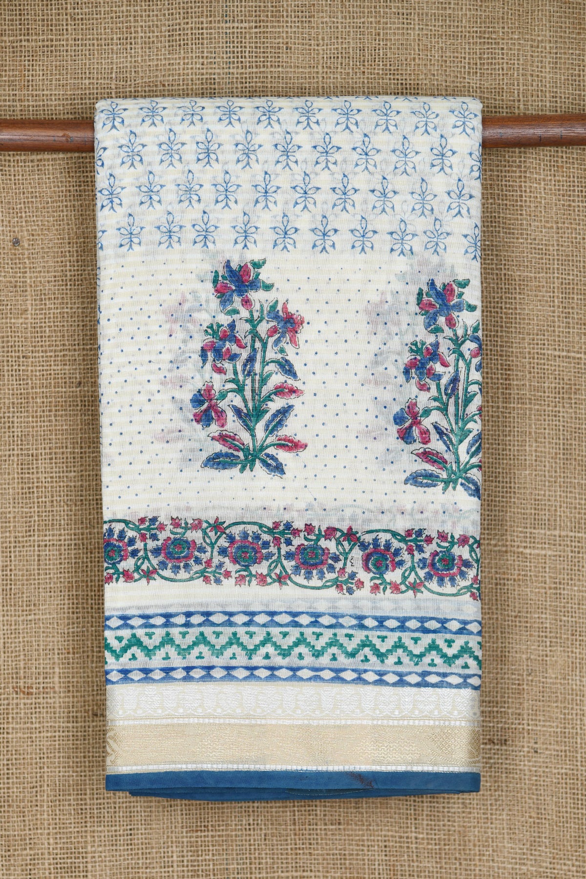 Small Zari Border With Floral Printed Off White Chanderi Silk Cotton Saree
