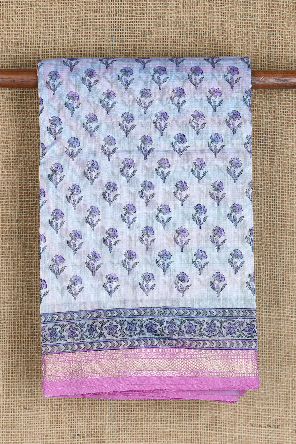 Small Zari Border With Floral Printed Pastel Grey Chanderi Cotton Saree