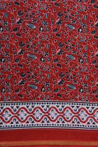 Small Zari Border With Floral Printed Red Maheswari Silk Cotton Saree