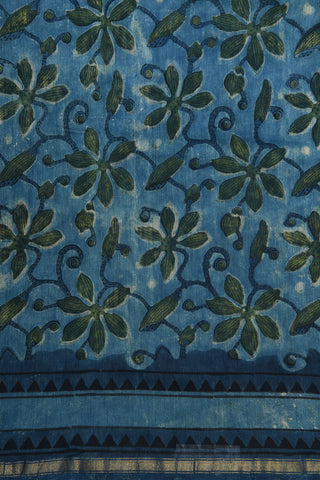 Small Zari Border With Floral Printed Teal Blue Chanderi Silk Cotton Saree
