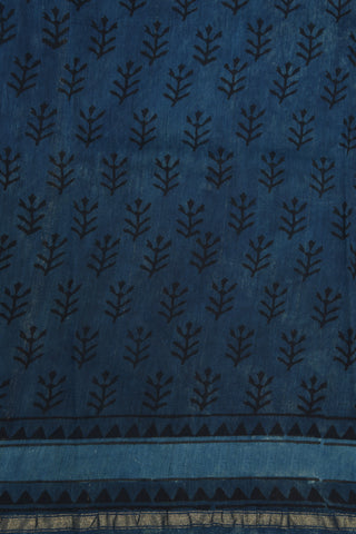 Small Zari Border With Floral Printed Teal Blue Chanderi Silk Cotton Saree