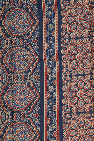 Small Zari Border With Geometric Design Aegean Blue Ajrakh Printed Ahmedabad Cotton Saree