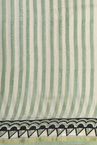 Small Zari Border With Green And White Vertical Stripes Chanderi Printed Cotton Saree