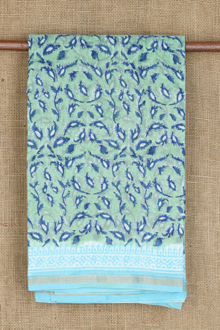 Small Zari Border With Leaf Printed Pastel Green Maheswari Silk Cotton Saree