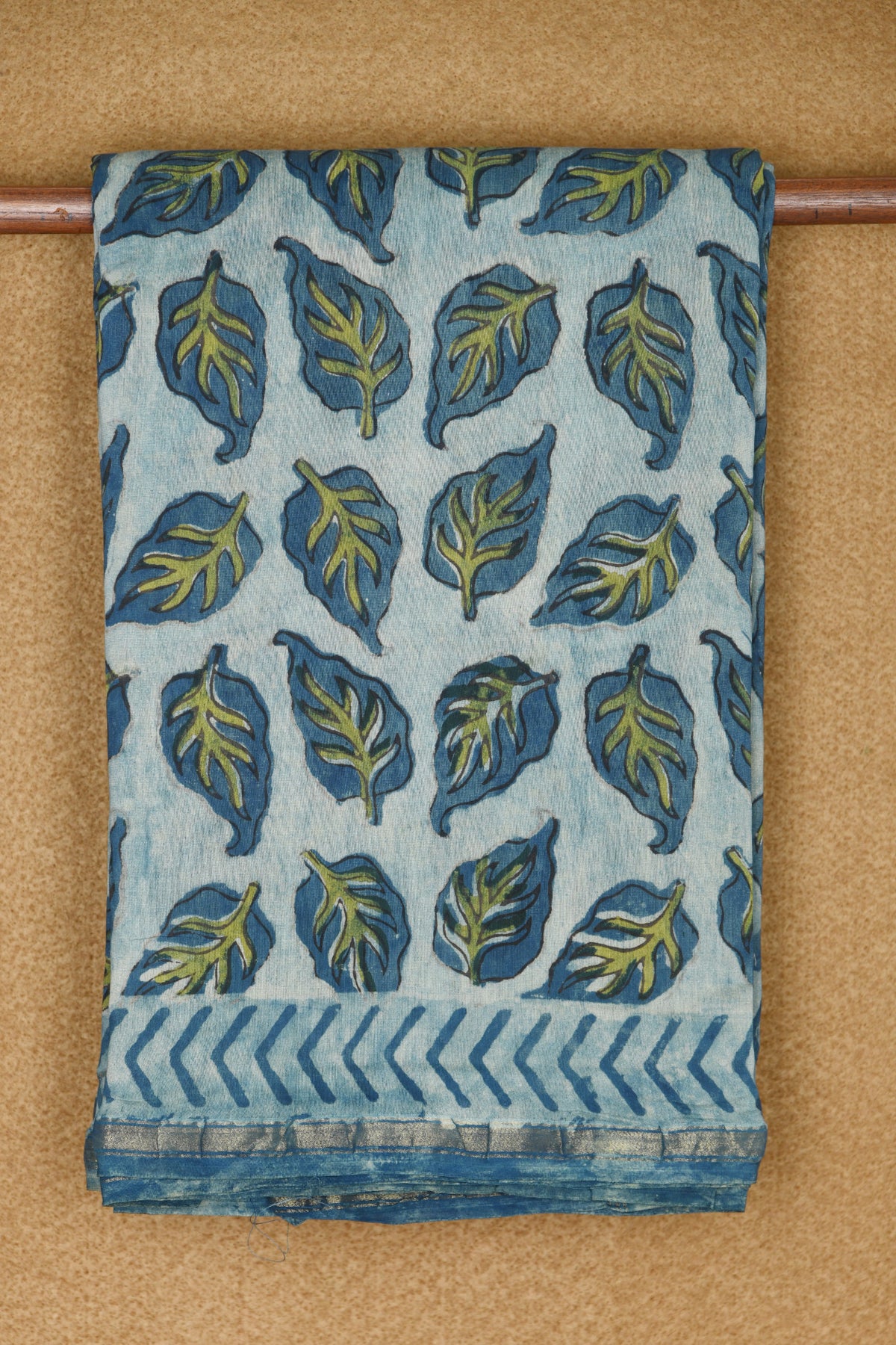 Small Zari Border With Leaf Printed Teal Blue Chanderi Silk Cotton Saree