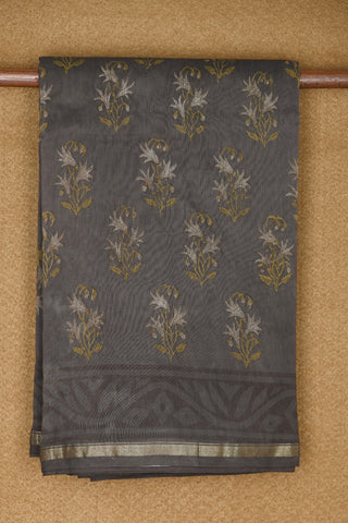 Small Zari Border With Paisley Floral Printed Fog Grey Chanderi Silk Cotton Saree