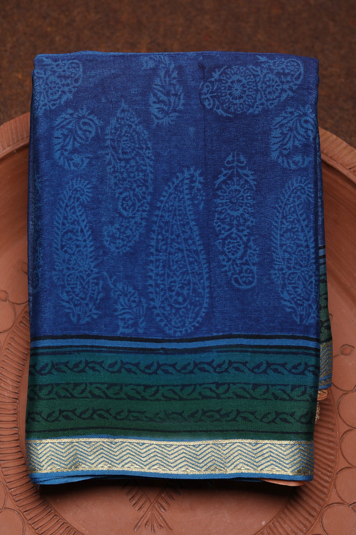 Small Zari Border With Paisley Printed Navy Blue Georgette Saree