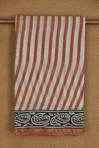 Small Zari Border With Rust And White Vertical Stripes Chanderi Printed Cotton Saree