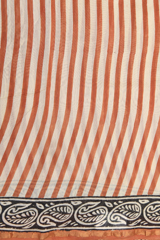Small Zari Border With Rust And White Vertical Stripes Chanderi Printed Cotton Saree