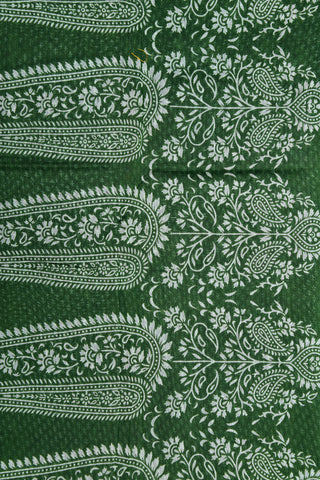 Small Zari Border With Small Buttis Printed Leaf Green Chanderi Cotton Saree