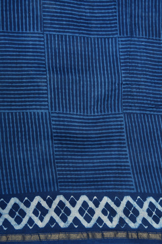 Small Zari Border With Stripes Printed Indigo Blue Chanderi Silk Cotton Saree