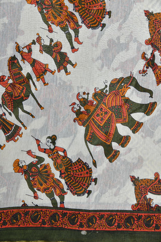 Small Zari Border With Printed Rajasthani Dancers Off White Chanderi Cotton Saree