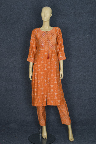 Split Neck With Mirror Work Rust Orange Rayon Cotton Salwar Set