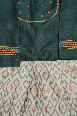 Split Neck Embroidered Forest Green And Beige Pavadai Sattai