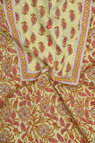 Split Neck Floral Printed Pastel Yellow Cotton Kurta