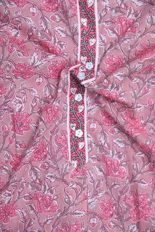 V Split Neck Blush Pink Printed Cotton Kurta