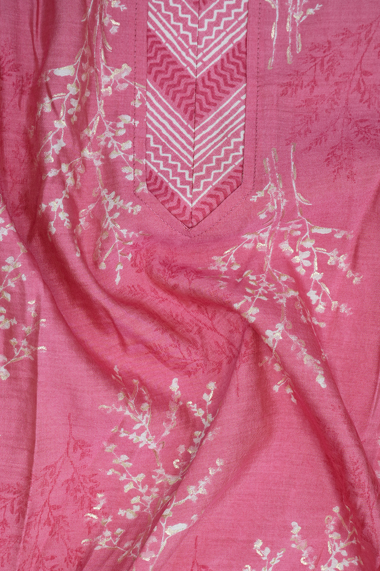 V- Split Neck Punch Pink Chanderi Silk Cotton Salwar Set