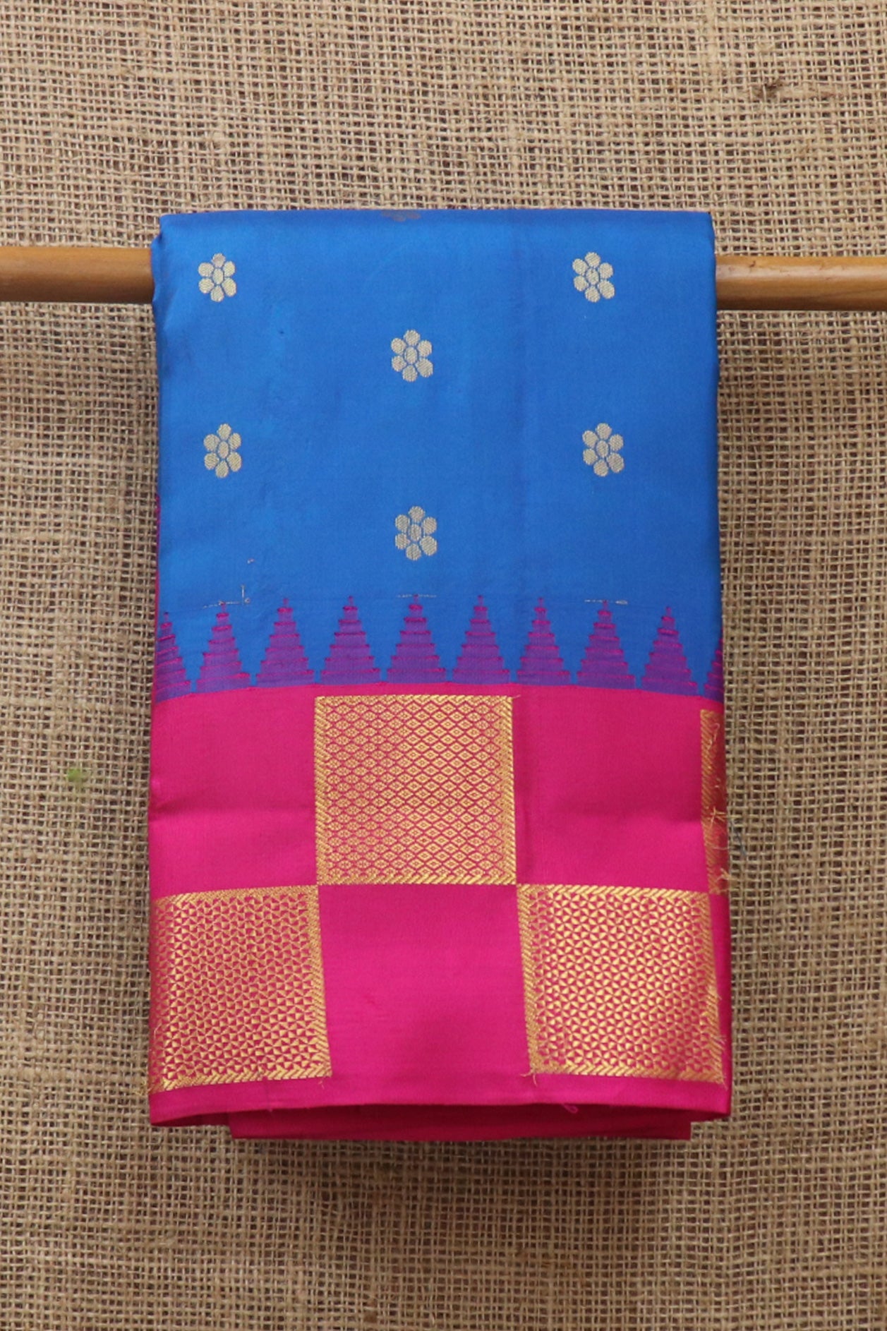Square Box Contrast Border In Buttis Blue Kanchipuram Silk Saree