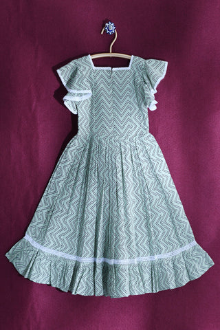 Square Neck With Lace Sage Green Cotton Tiered Dress