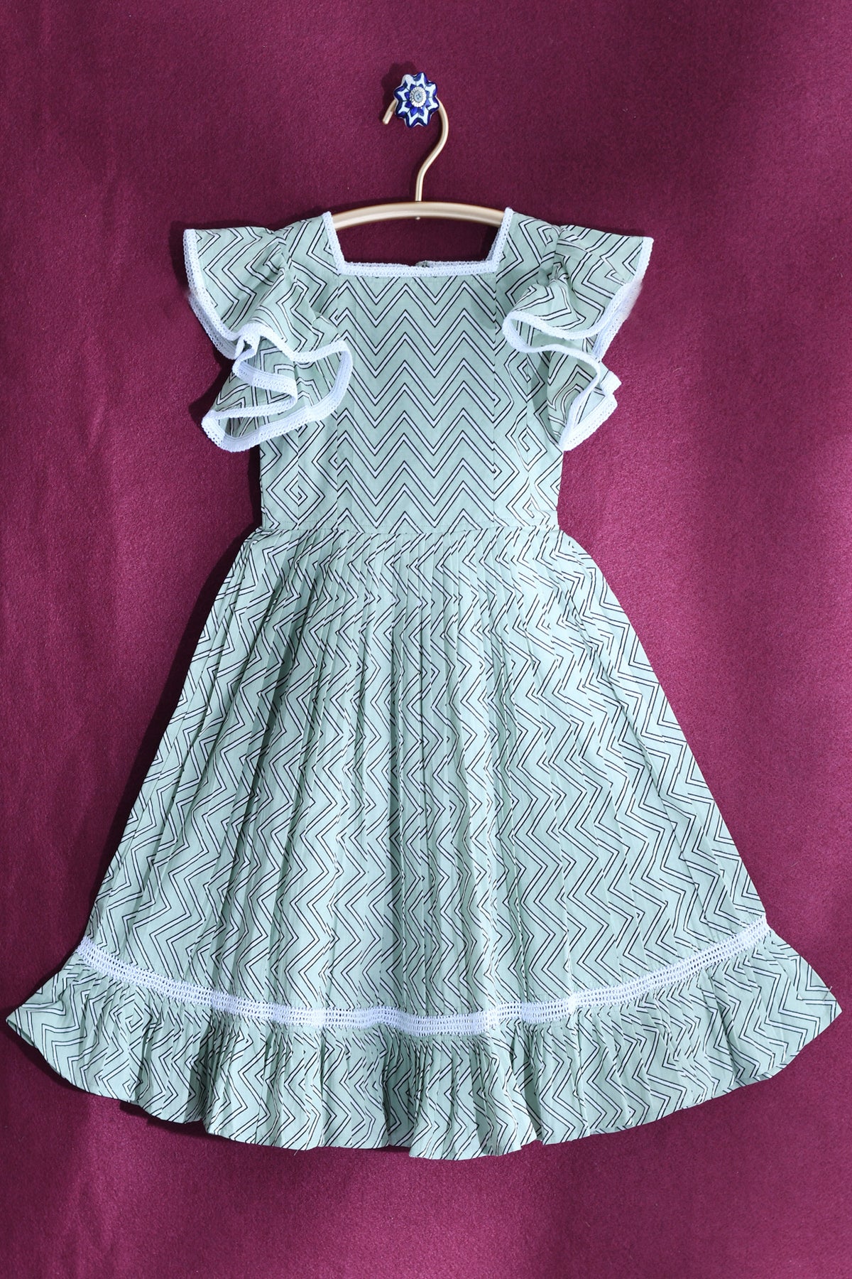 Square Neck With Lace Sage Green Cotton Tiered Dress