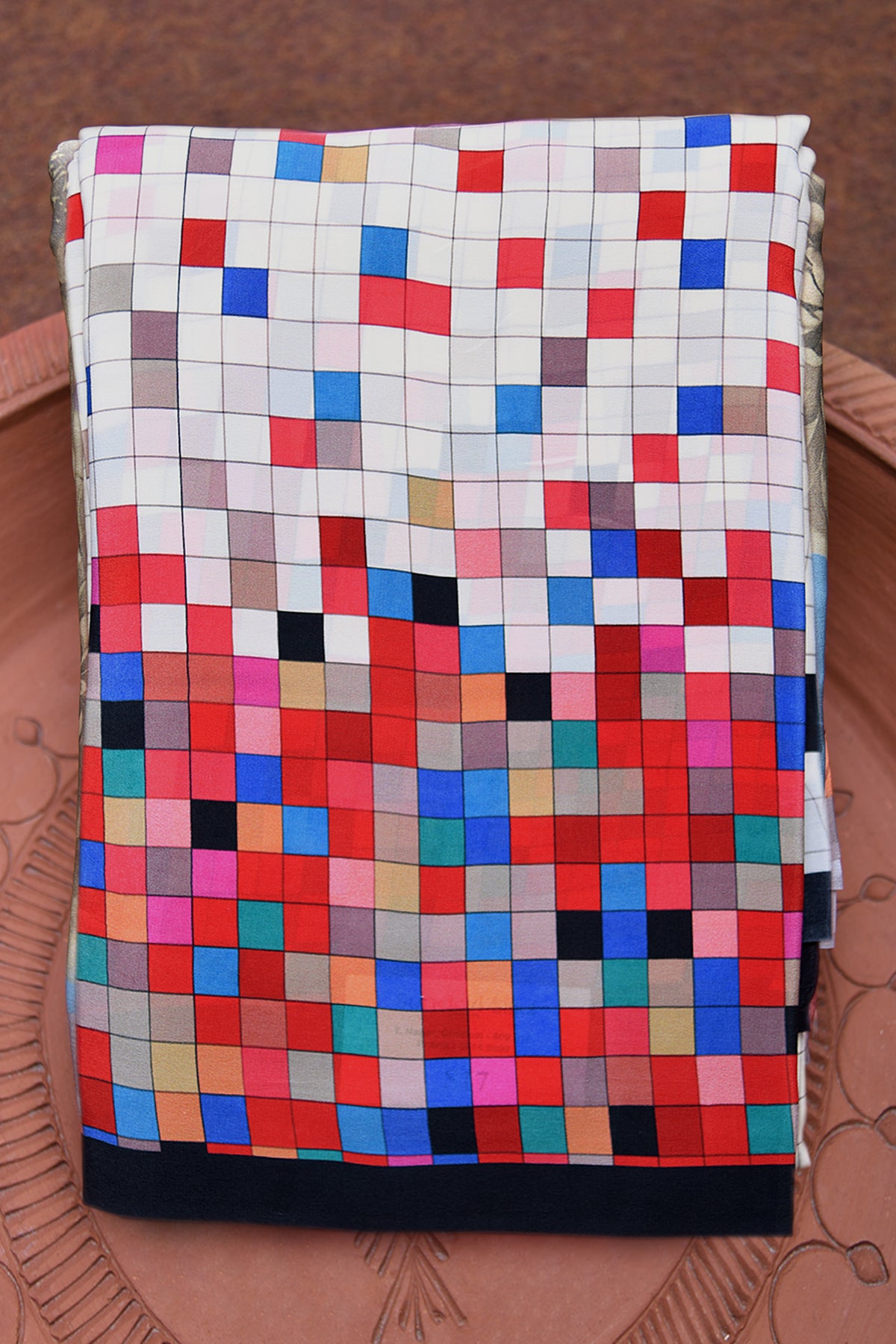 Square Printed Multicolor Satin Crepe Saree