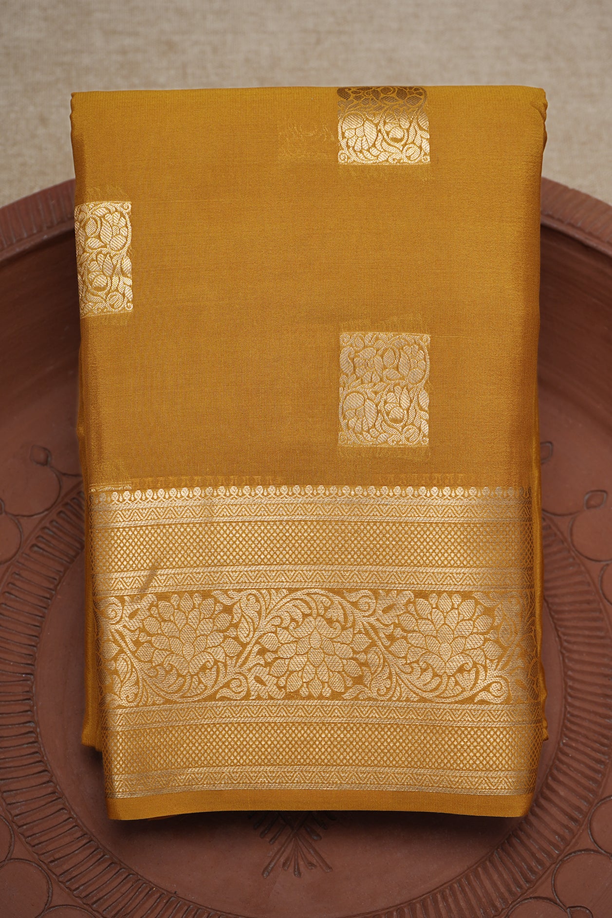 Square Zari Motifs Golden Brown Mysore Silk Saree