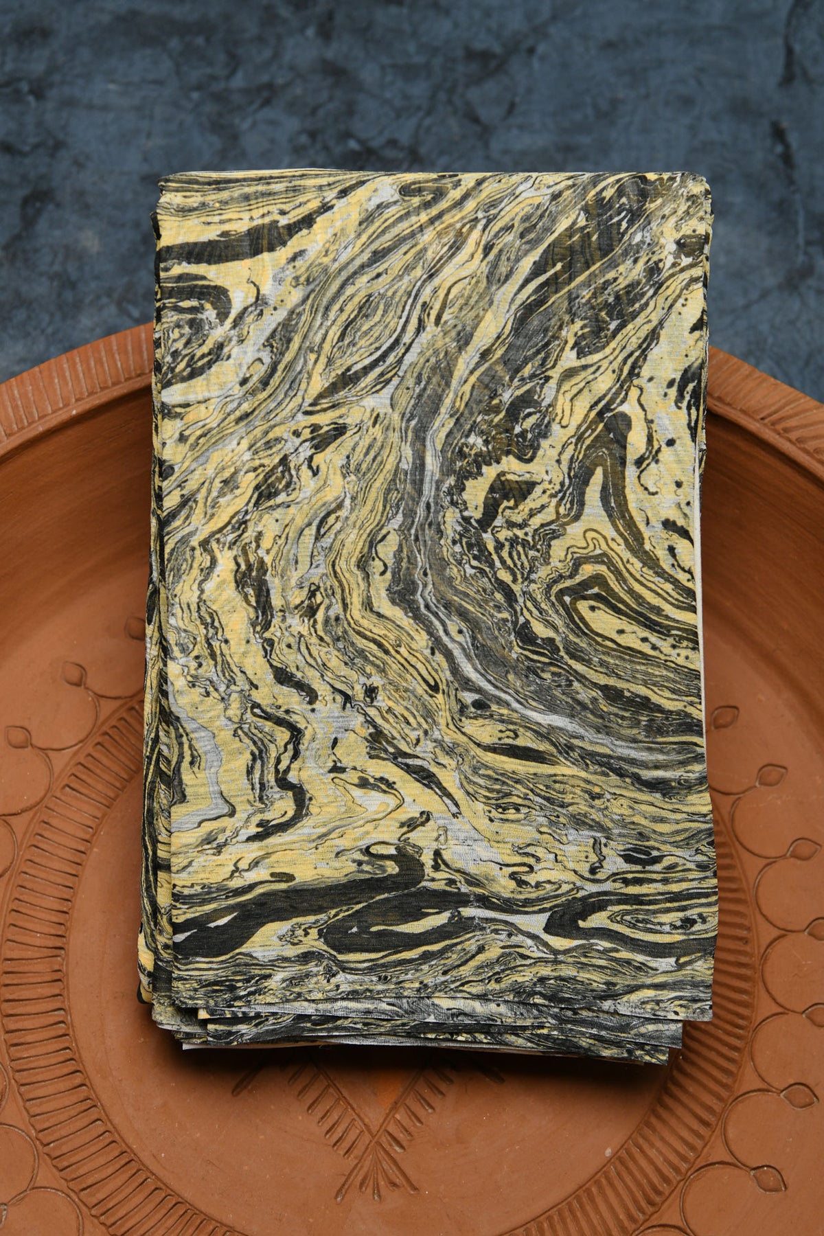 Stone Texture Design Black And Yellow Hand Marbled Chiffon Silk Saree