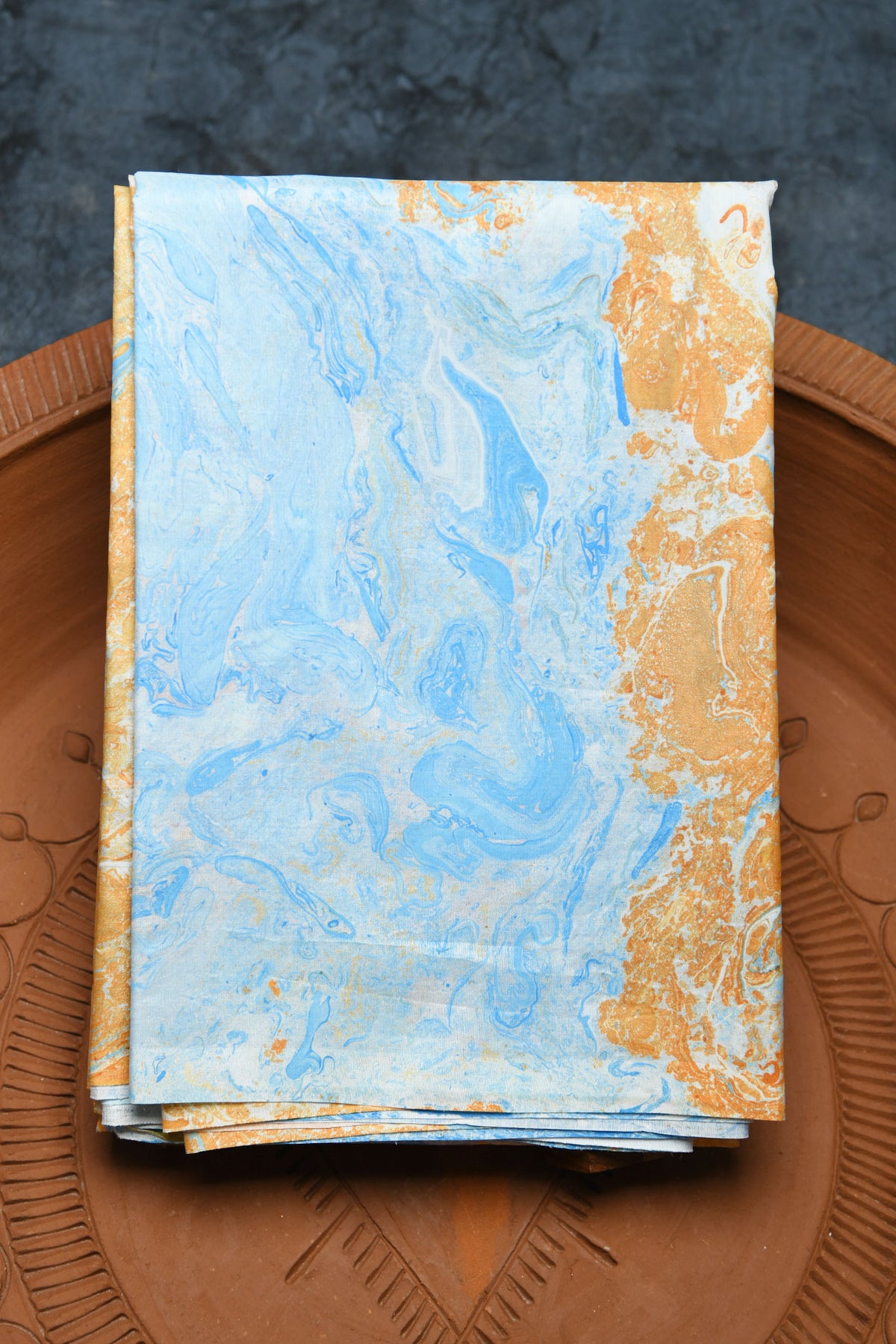 Stone Texture Design Sky Blue And Peach Orange Hand Marbled Pure Silk Saree