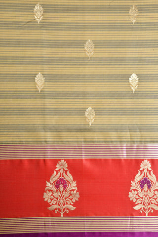 Stripes Mustard and Grey Banaras Silk Saree
