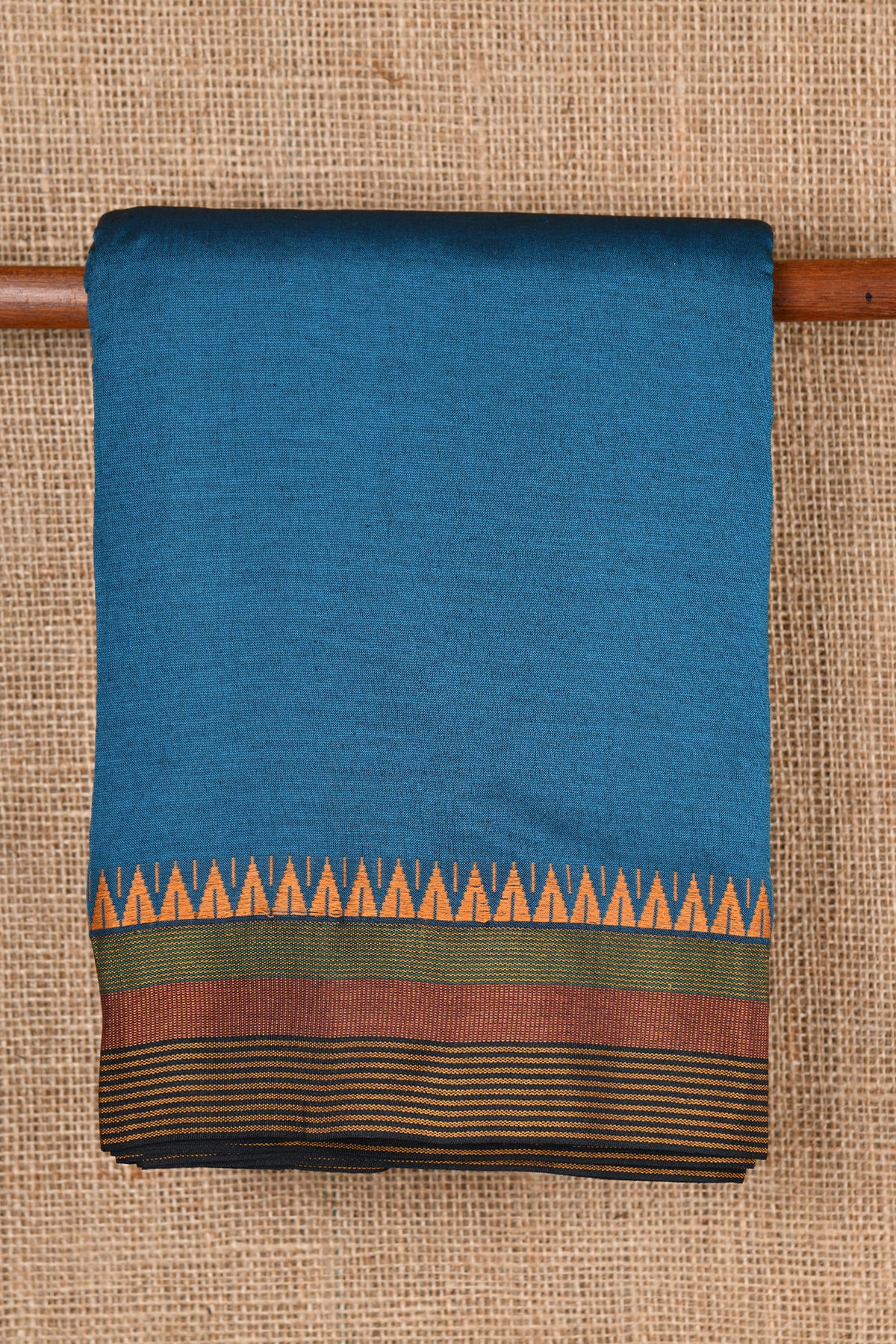 Stripe Design Temple Border Teal Blue Dharwad Cotton Saree