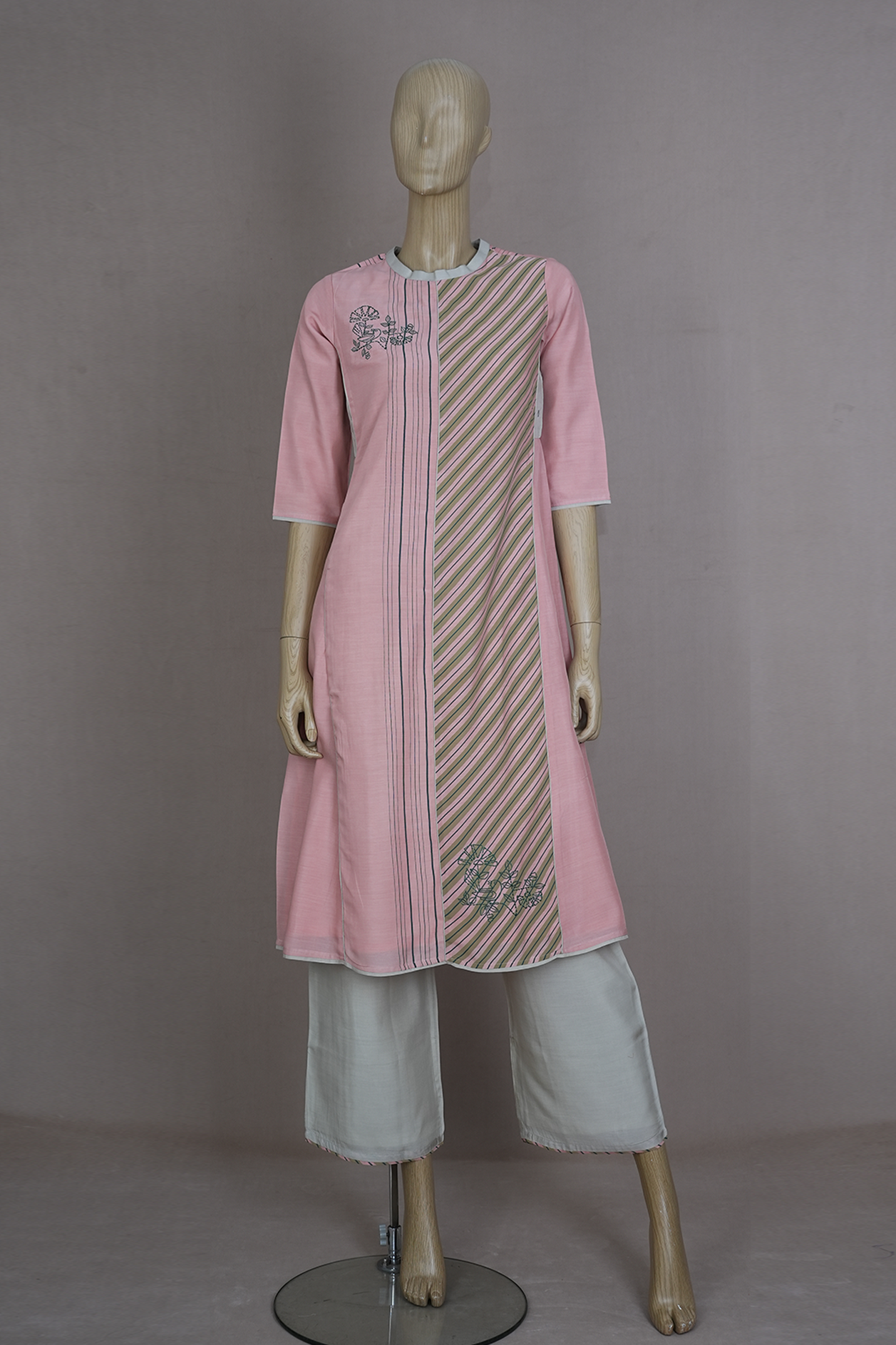 Striped With Bird Embroidery Light Peach A-line Salwar Set