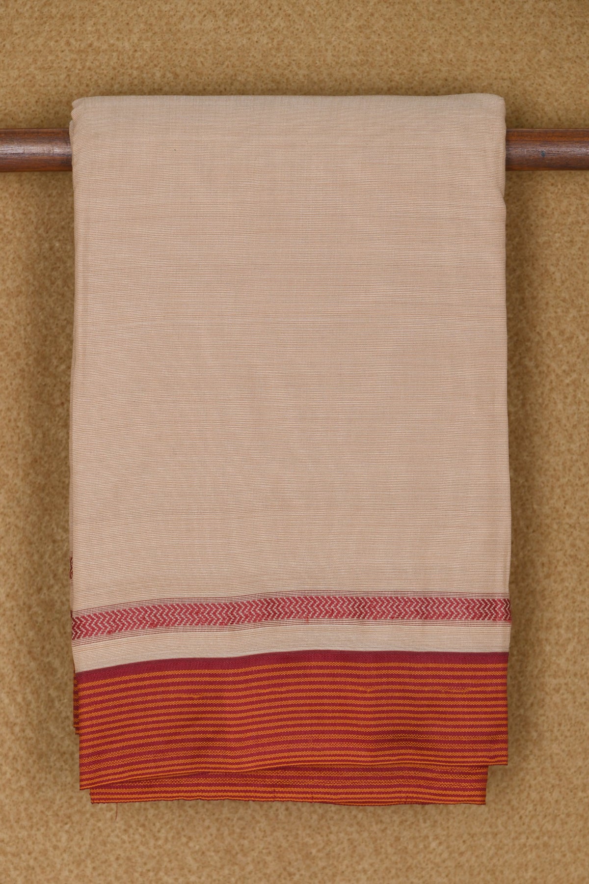Stripes Border In Plain Cream Color Semi Dharwad Cotton Saree