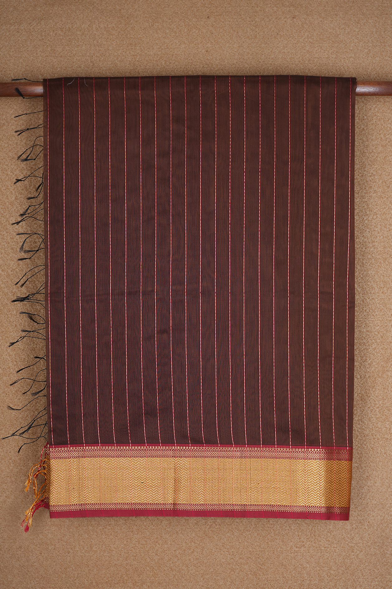 Stripes Design Chocolate Brown Maheswari Silk Cotton Saree