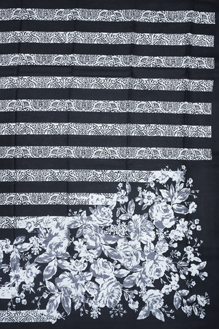 Stripes Design White And Black Printed Silk Saree