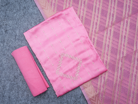 Stripes Threadwork Design Rose Pink Crepe Salwar Material
