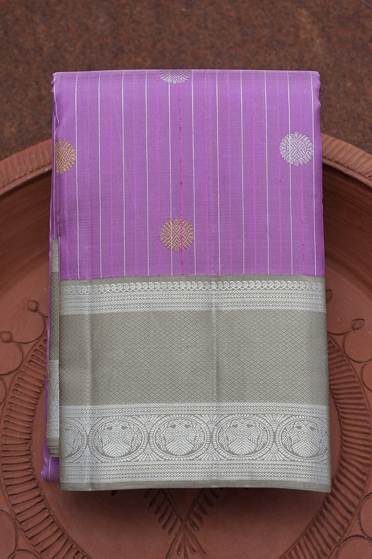 Stripes With Buttas Lavender Kanchipuram Silk Saree