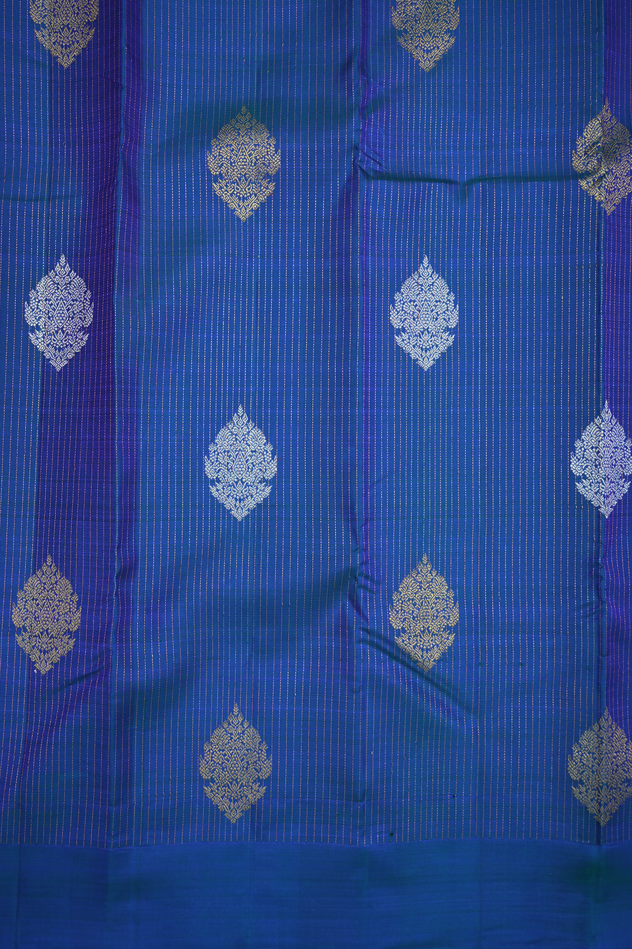 Stripes With Floral Motifs Peacock Blue Kanchipuram Silk Saree
