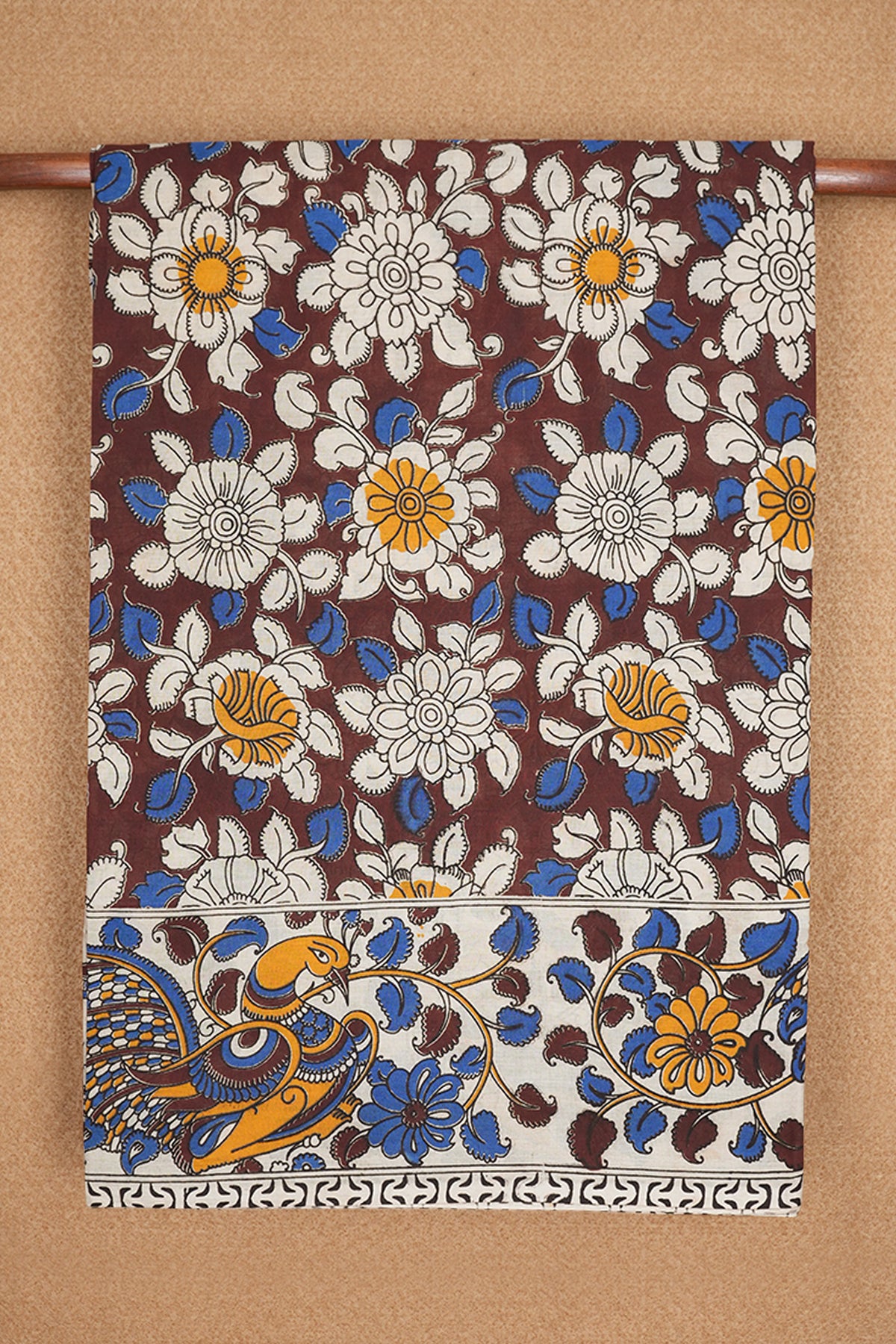 Sunflower Motifs Plum Brown Printed Kalamkari Cotton Saree