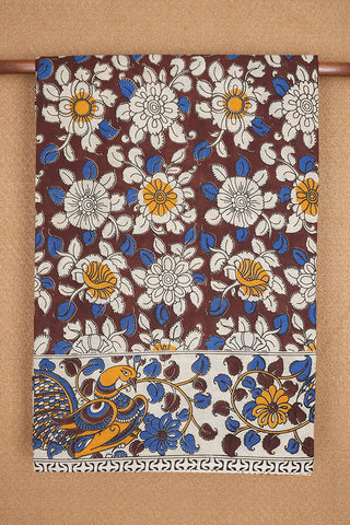 Sunflower Motifs Plum Brown Printed Kalamkari Cotton Saree