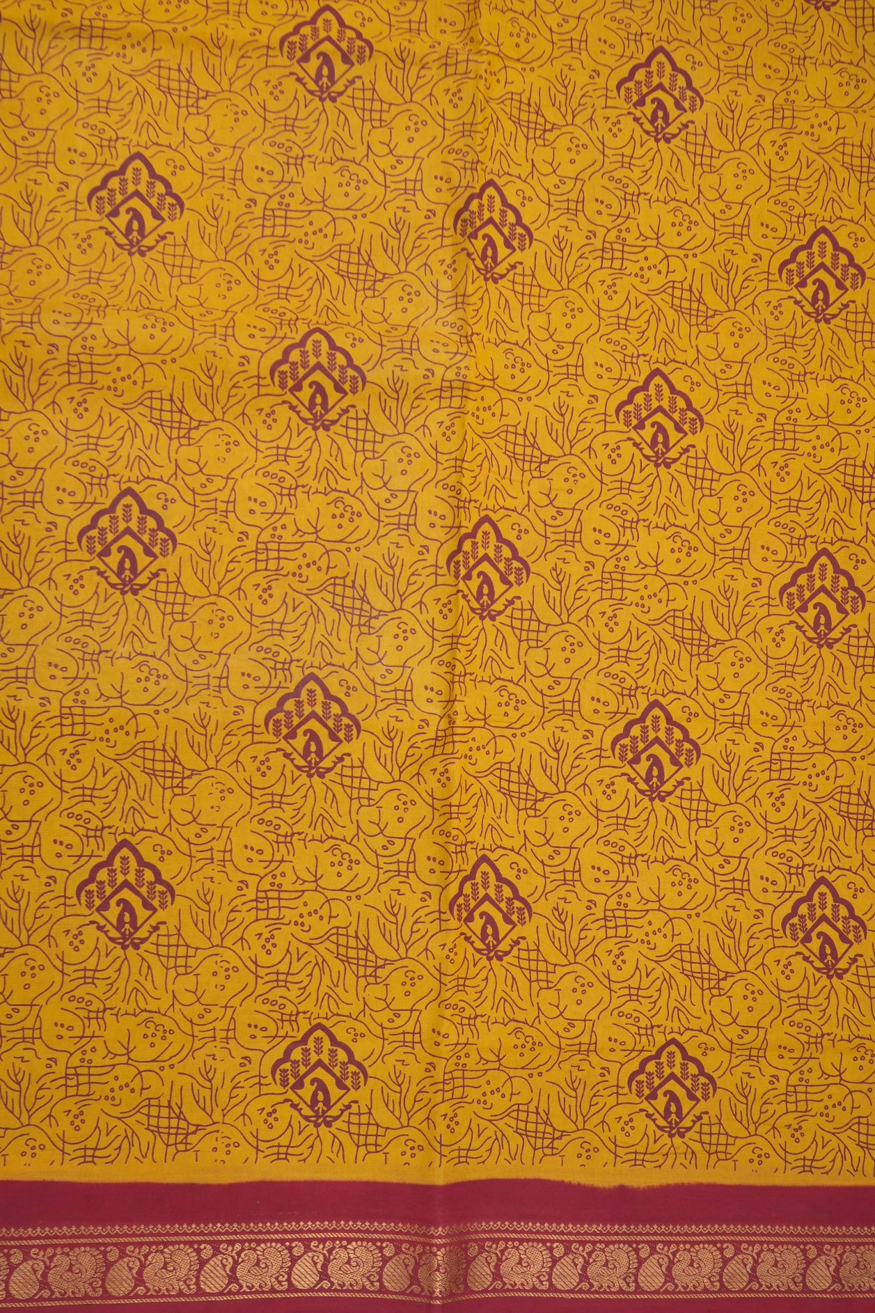 Peacock And Paisley Design Zari Border Marigold Yellow Sungudi Cotton Saree