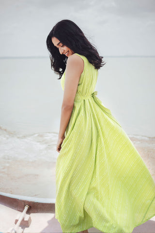 V-Neck Back Tie-Up In Stripes Pastel Green Sleeveless Cotton Long Maxi Dress