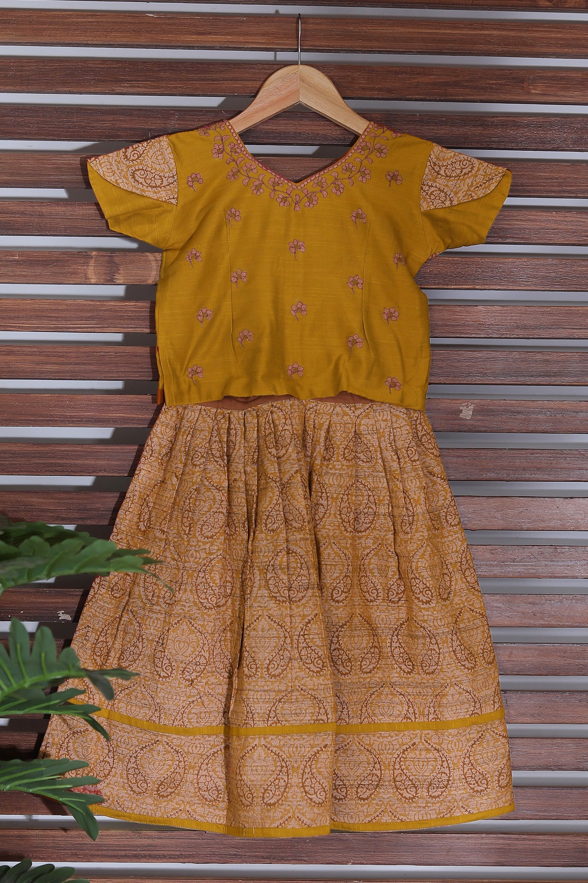V-Neck Back Tie-Up With Embroidered Mustard And Peach Printed Cotton Pavadai Sattai