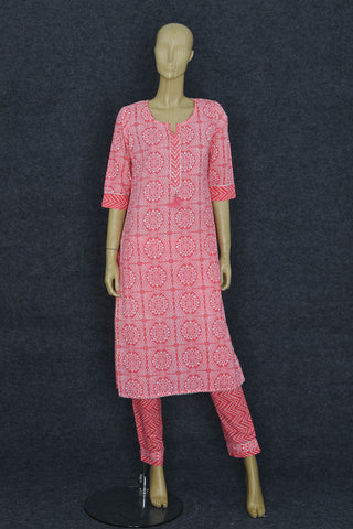 Split Neck Bandhani Design Coral Pink Rayon Cotton Salwar Set