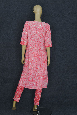 Split Neck Bandhani Design Coral Pink Rayon Cotton Salwar Set