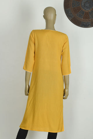 U-Neck Front Tie-Up With Embroidered Yellow Linen Cotton Long Kurta